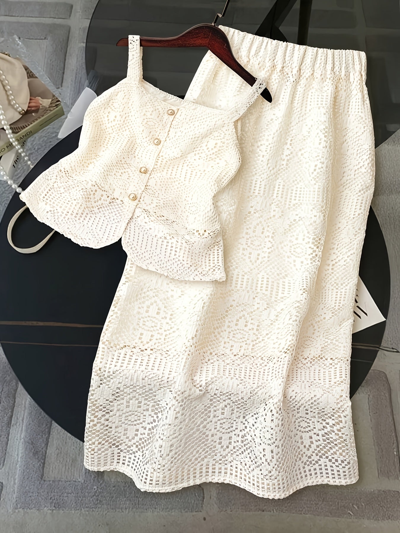 Damen Zweiteiler Set Spitzen Top und Midirock Elegant für Alltag und Feiern