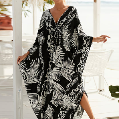Damen Luxus Kaftan Maxikleid mit tropischem Palmen- und Kettenmuster – Eleganter Strand- und Resort-Style