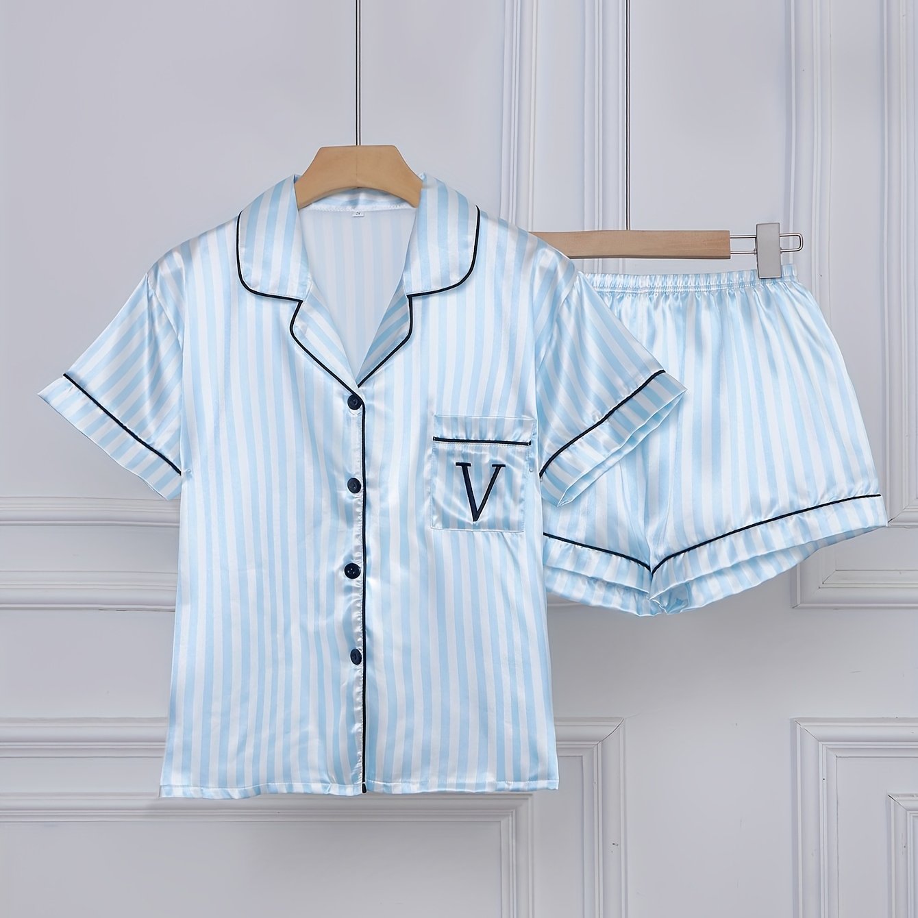 Damen Satin Pyjama Set mit Streifen, Kurzarm, Klassischer Schlafanzug für Frühling und Sommer