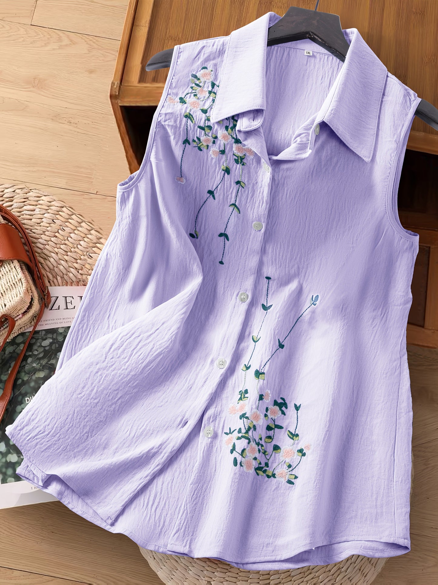 Damen ärmellose Bluse mit Blumenstickerei und Kragen – Elegant für Freizeit & Büro
