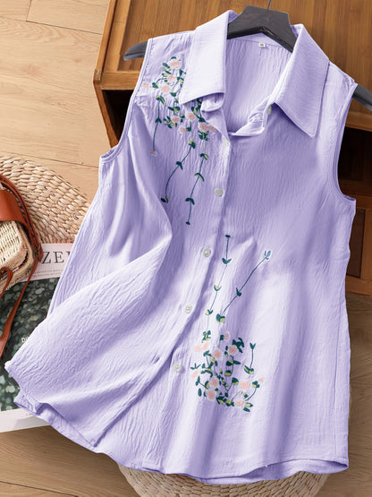 Damen ärmellose Bluse mit Blumenstickerei und Kragen – Elegant für Freizeit & Büro