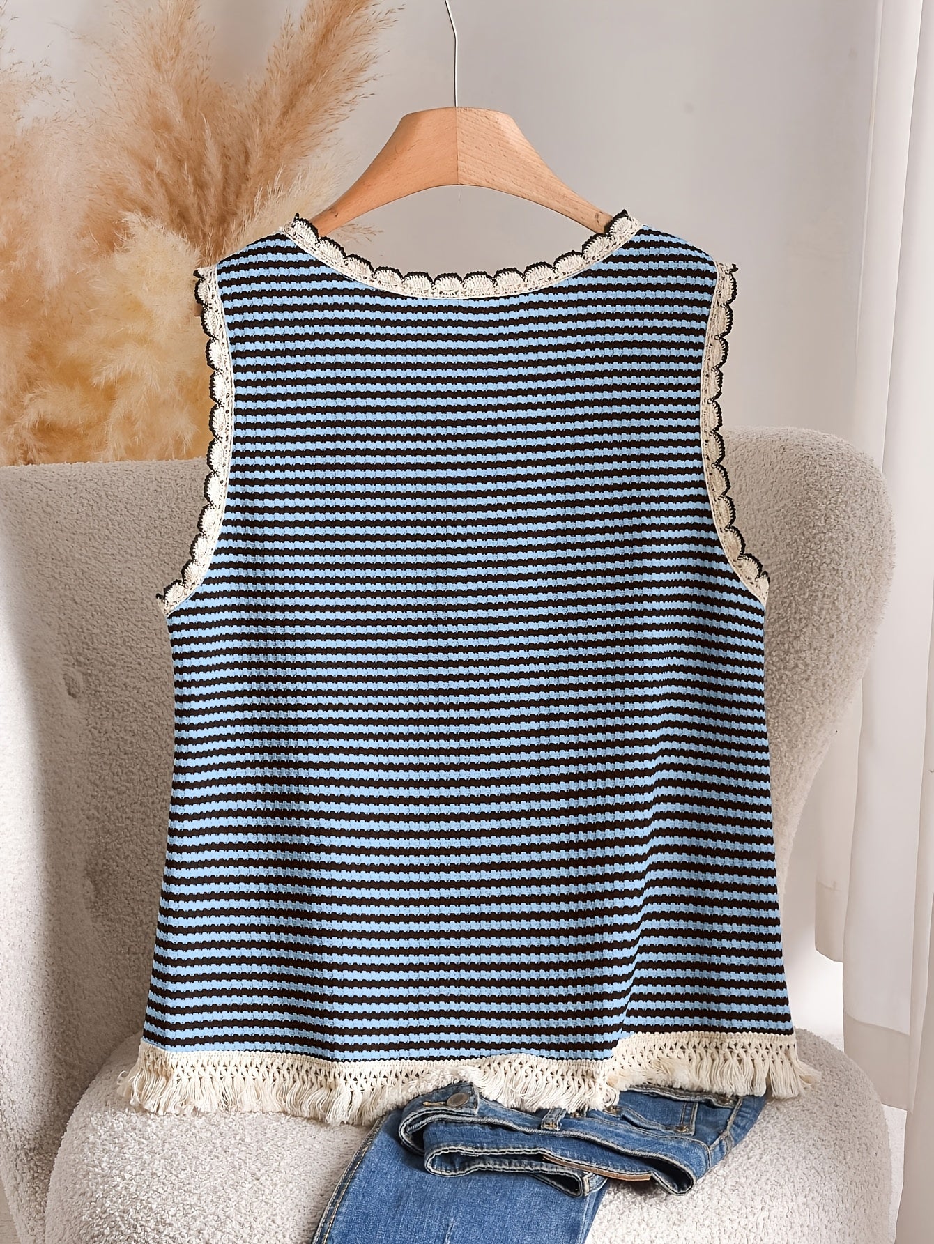 Damen Strick-Top im Boho-Stil mit Streifen und Fransen – Lässig & Sommerlich