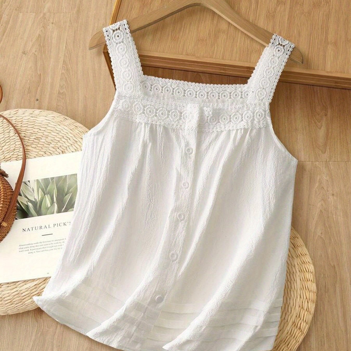 Damen Spitzen-Top mit Knopfleiste und quadratischem Ausschnitt – Romantische ärmellose Bluse für Freizeit und Alltag