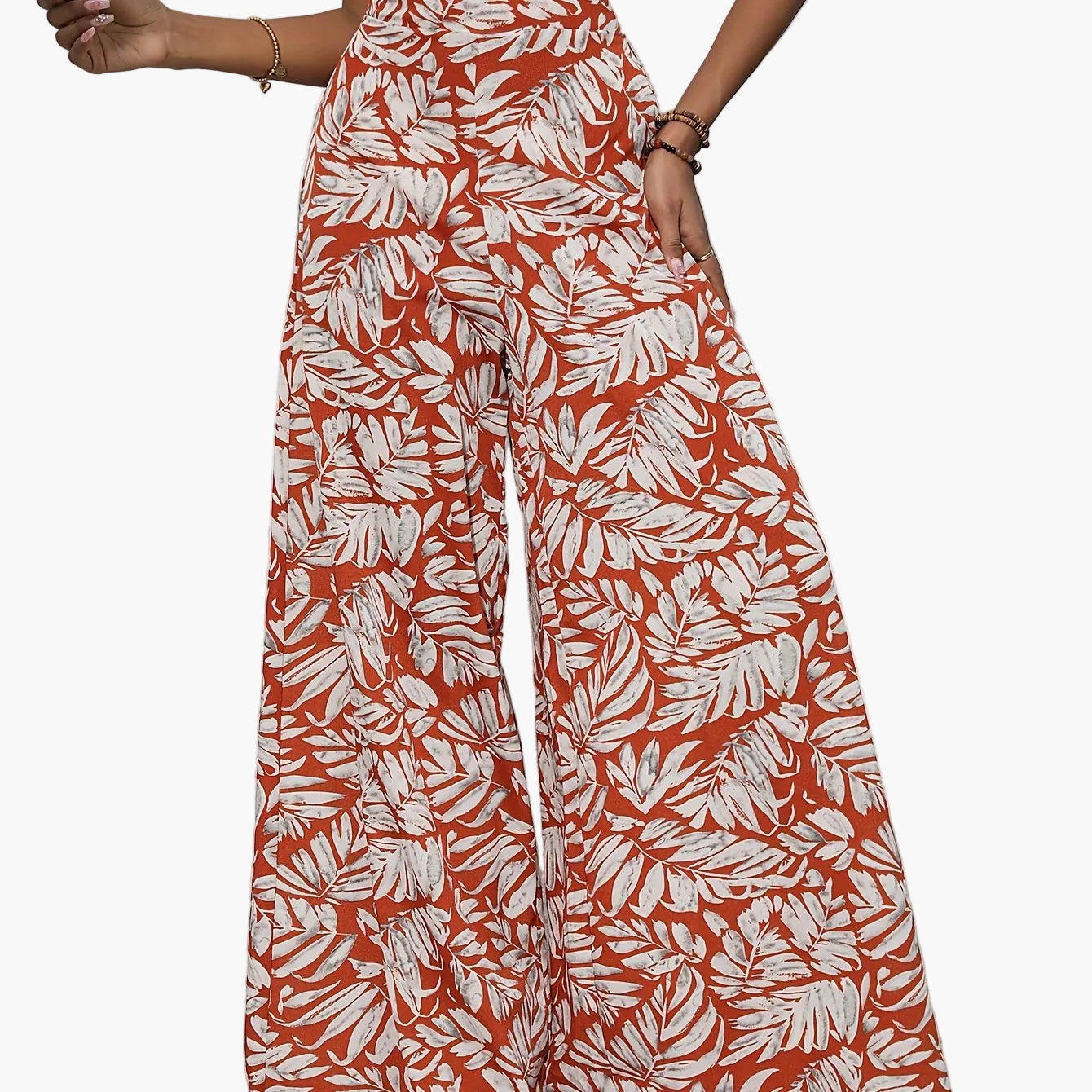 Damen Weite Palazzo-Hose mit tropischem Blattmuster – Sommerlich, Boho, Ideal für Strand & Freizeit