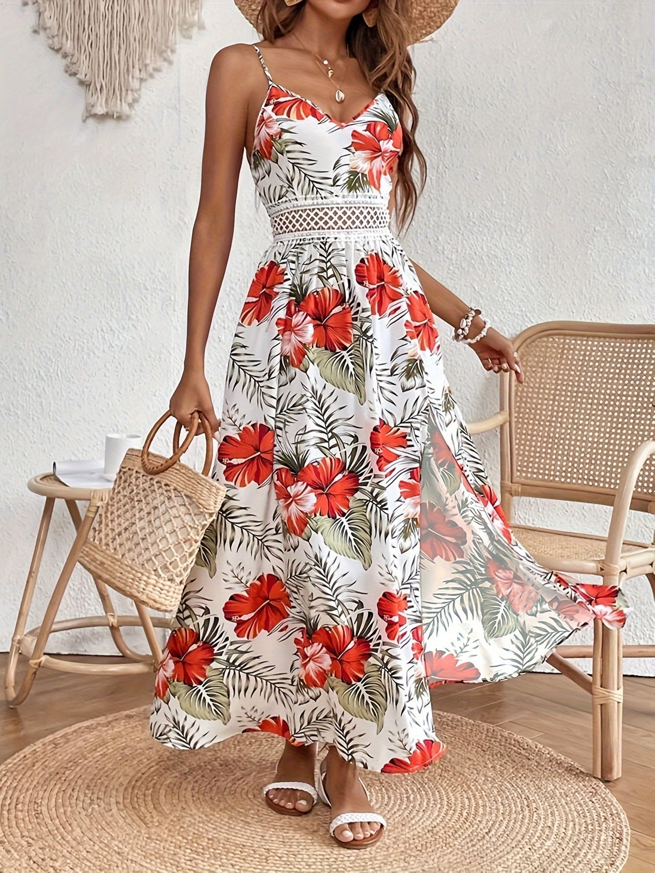 Damen Sommer Maxikleid Elegant mit Floralem Muster und Spaghettiträgern – Perfekt für Urlaub & Strand