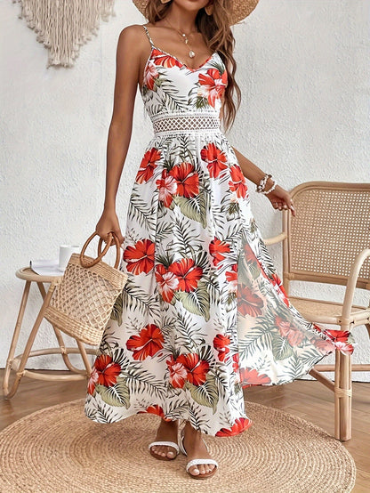 Damen Sommer Maxikleid Elegant mit Floralem Muster und Spaghettiträgern – Perfekt für Urlaub & Strand