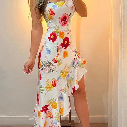 Damen Asymmetrisches Midi-Kleid mit Blumenmuster und Rüschen – Eleganter Look für Feste & Feiern