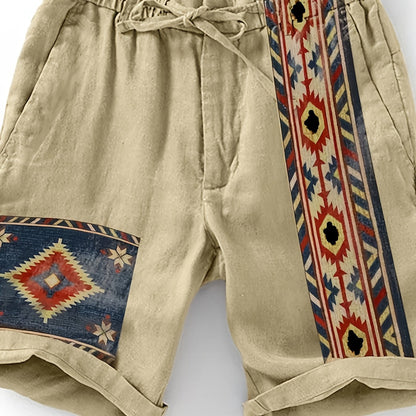 Herren Ethno-Shorts mit Aztekenmuster und Kordelzug – Modische Freizeithose für Sommer & Urlaub