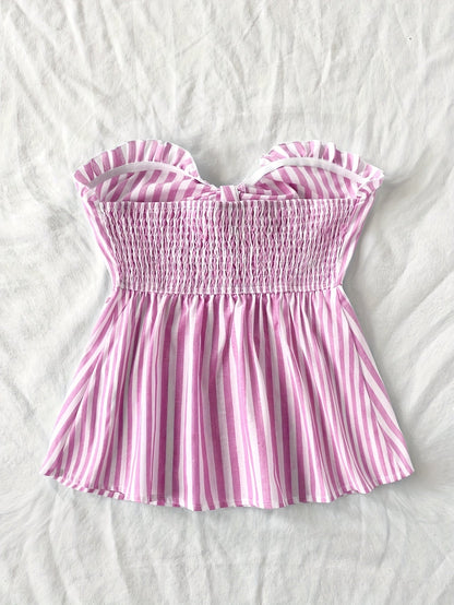 Damen Bandeau-Top mit Schleifen-Detail und Streifen – Stylisches, schulterfreies Oberteil für Freizeit und Ausgehen