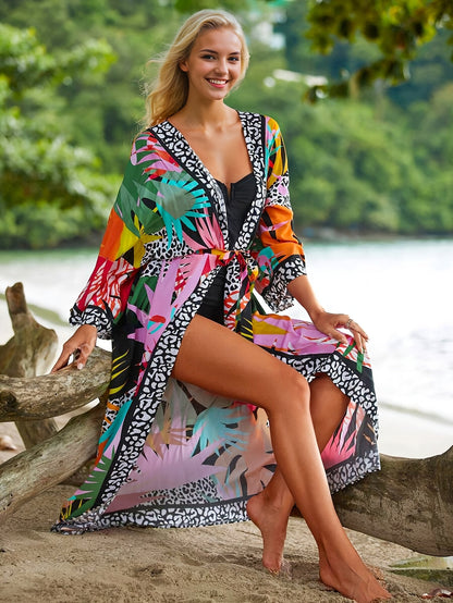 Damen Strand Kimono Lang mit Tropischem Muster und Animal Print – Modischer Überwurf für Urlaub und Pool