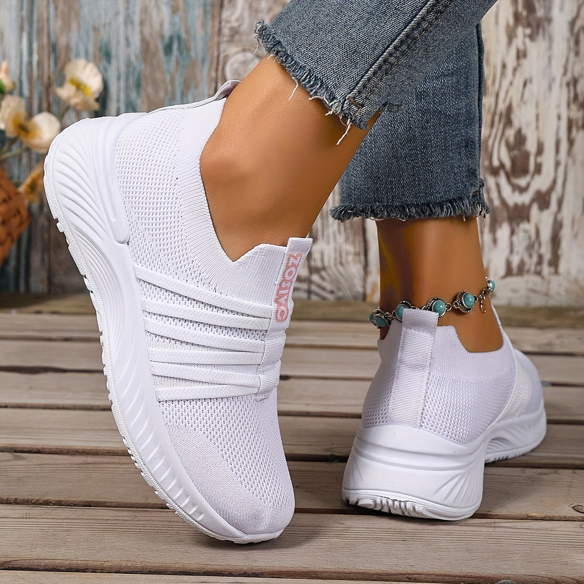Damen Slip-On Sneakers Freizeit Bequeme Low-Top Schuhe mit Streifen-Design