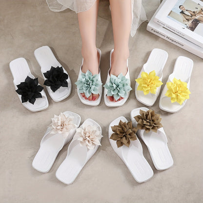 Damen Blumen-Slipper Sandalen – Verspielte Sommerschuhe mit Blütenapplikation