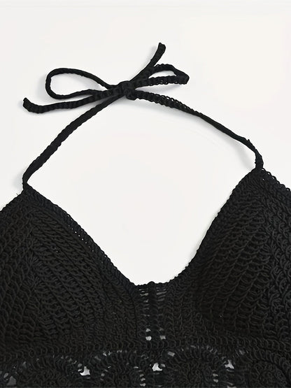 Damen Boho Häkel-Bralette Top mit Neckholder und Fransen – Festival & Strandmode