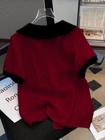 Damen Bluse im Vintage-Stil mit Kontrastkragen und kurzen Ärmeln – Elegante Alltagsmode