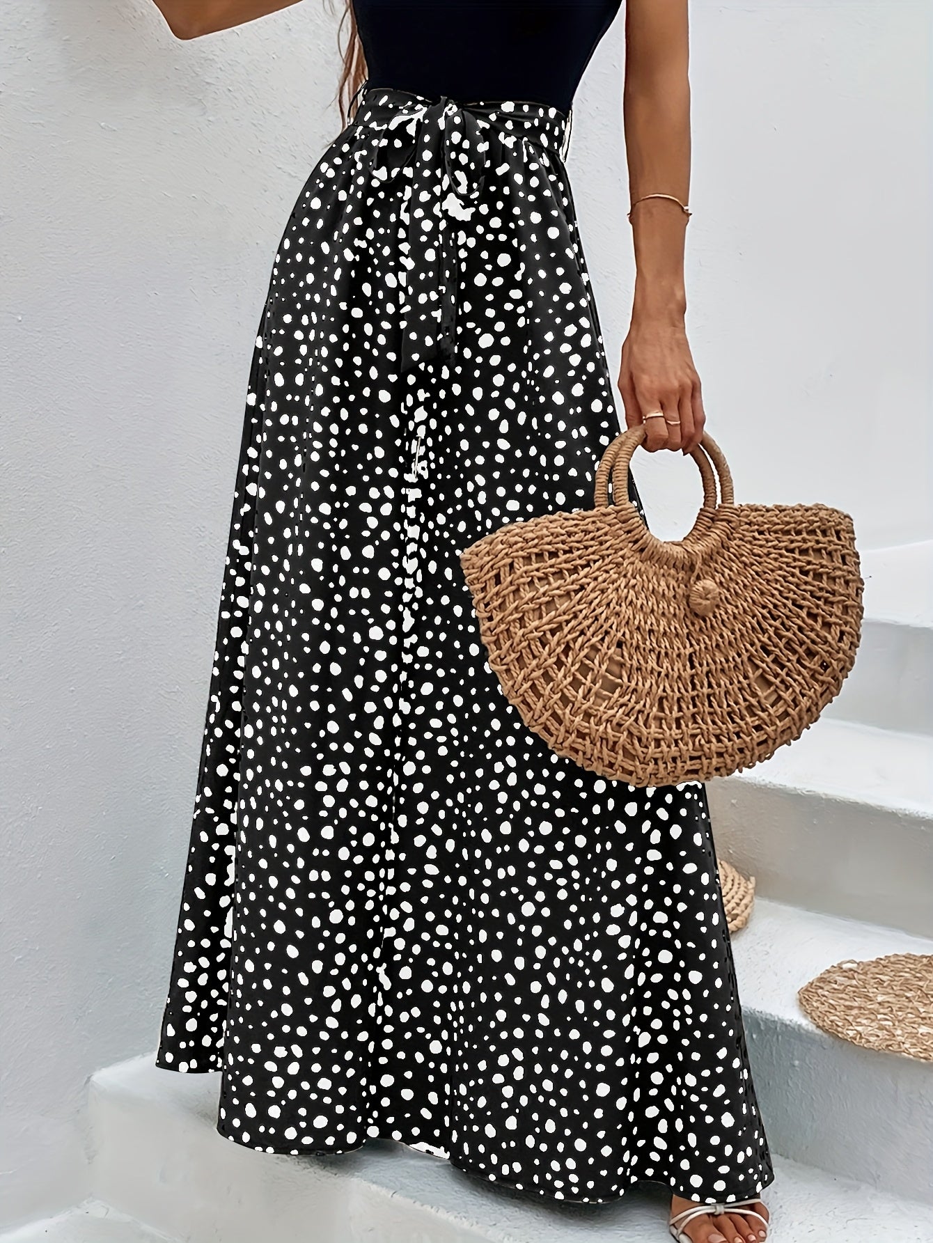 Damen Elegante Weite Hose mit Punktemuster und Bindegürtel – Perfekt für Freizeit und Sommer