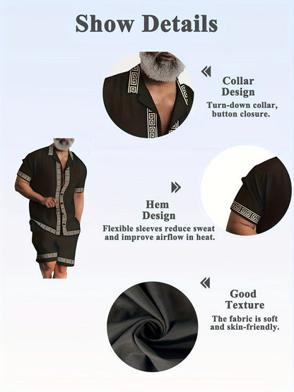 Herren Freizeit Zweiteiler Set mit geometrischem Muster – Kurzarm Hemd und Shorts, Vintage Style, Sommer Outfit