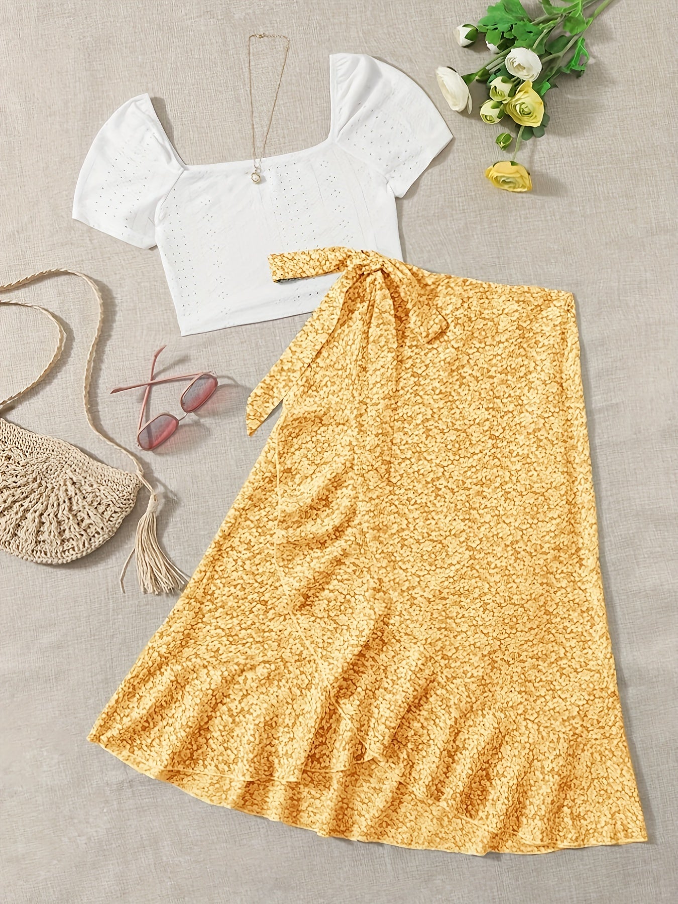 Damen Zweiteiler Set – Romantische Bluse mit Blumen Wickelrock im femininen Stil für Freizeit und Ausflüge