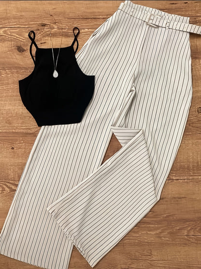 Damen Eleganter Streifen Zweiteiler Set – Modisches Top mit weitem Hosenanzug für Business & Freizeit