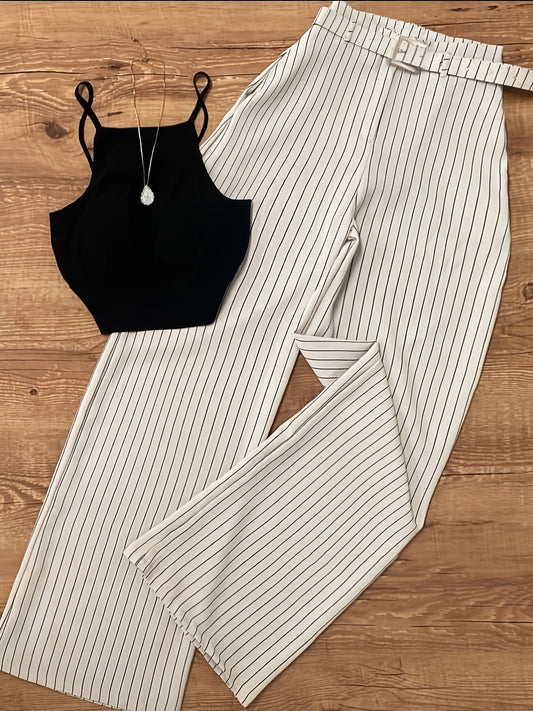 Damen Eleganter Streifen Zweiteiler Set – Modisches Top mit weitem Hosenanzug für Business & Freizeit