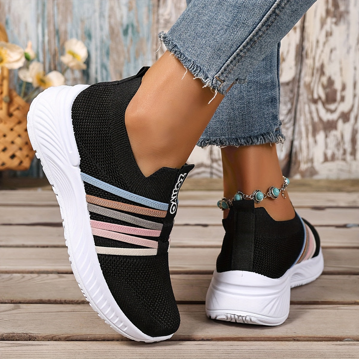 Damen Slip-On Sneakers Freizeit Bequeme Low-Top Schuhe mit Streifen-Design