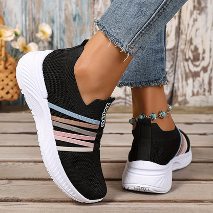 Damen Slip-On Sneakers Freizeit Bequeme Low-Top Schuhe mit Streifen-Design