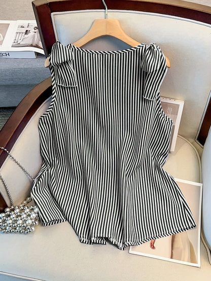 Damen Elegante Ärmellose Bluse mit Streifen und Knopfleiste – Sommer Business Freizeithemd