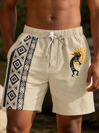 Herren Freizeitshorts mit Ethno-Muster und künstlerischem Flötenspieler-Motiv – Ideal für Sommer und Strand