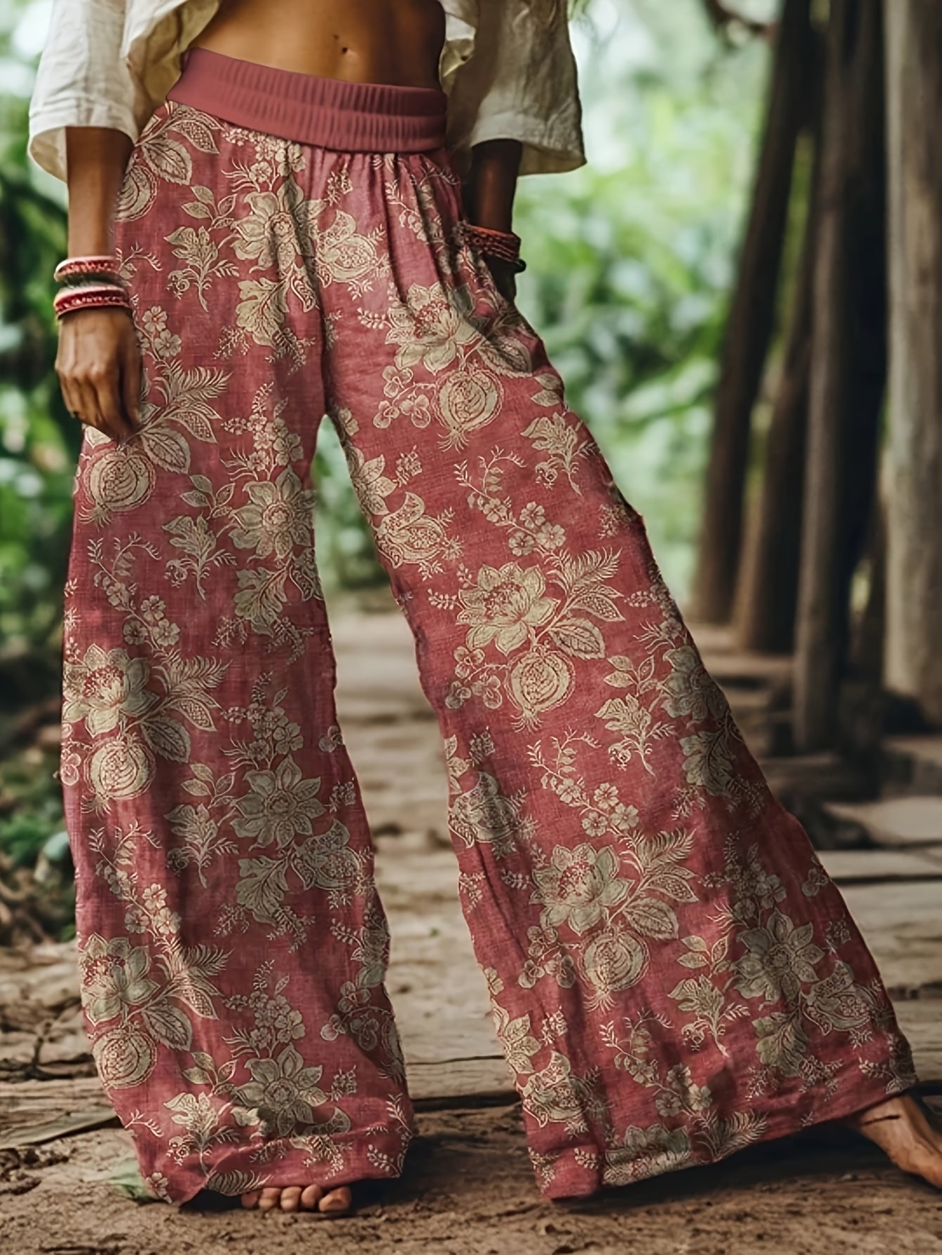 Damen Weite Freizeithose mit Blumenmuster – Boho Stil, Ideal für Frühling und Sommer