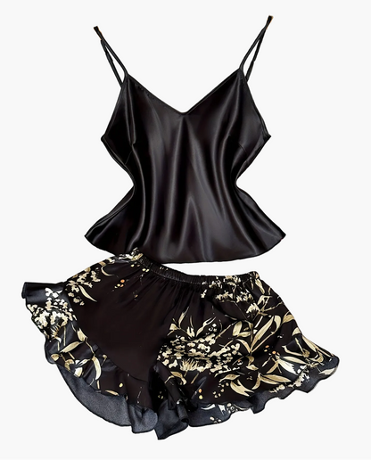 Damen Satin Pyjama Set mit Spaghettiträgern und Blumenmuster – Elegantes Schlafanzug-Set für den Sommer