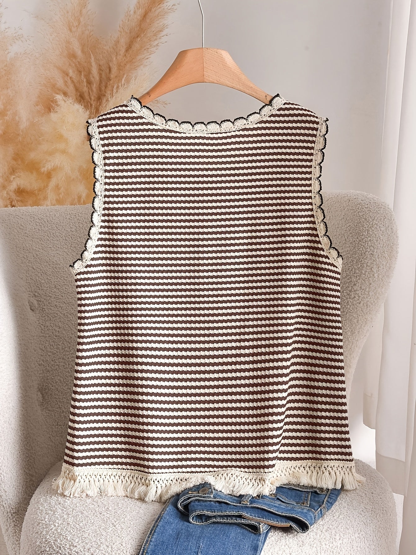 Damen Strick-Top im Boho-Stil mit Streifen und Fransen – Lässig & Sommerlich