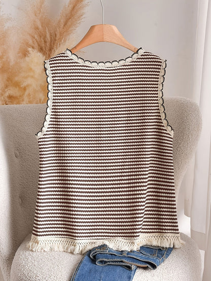 Damen Strick-Top im Boho-Stil mit Streifen und Fransen – Lässig & Sommerlich