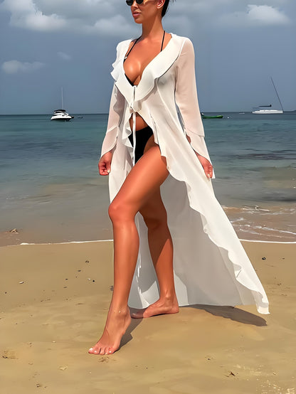 Damen lange Strand Kimono Cardigan mit Rüschen – Eleganter Überwurf für Urlaub und Freizeit
