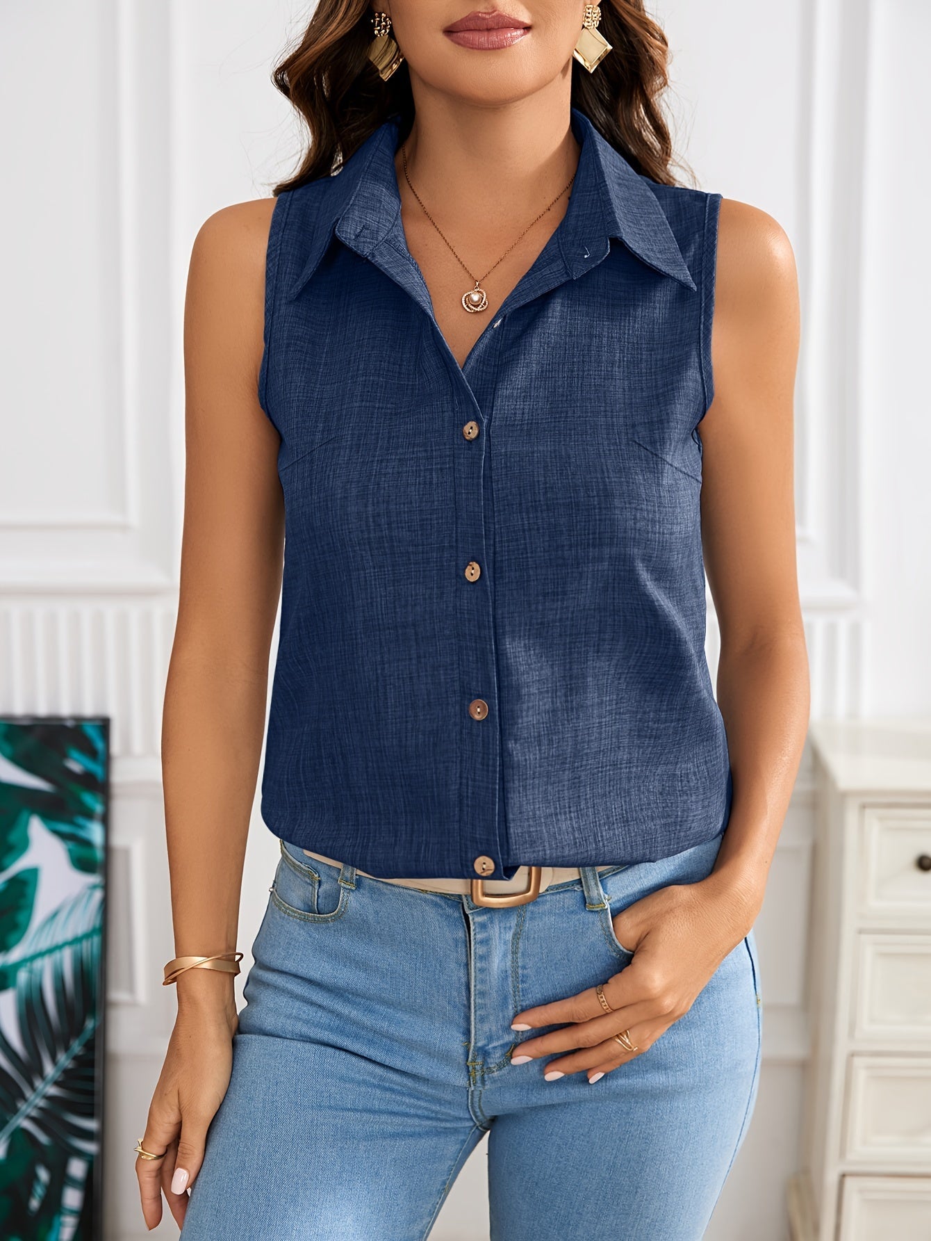 Damen ärmellose Bluse im eleganten Hemdblusen-Stil für Büro und Freizeit