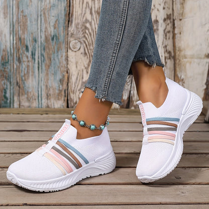 Damen Slip-On Sneakers Freizeit Bequeme Low-Top Schuhe mit Streifen-Design