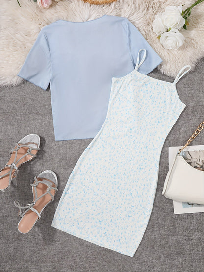 Damen Zweiteiler Set – Elegantes Sommerkleid mit Blümchenmuster und Kurzarm-Überwurf, Perfekt für Freizeit und besondere Anlässe
