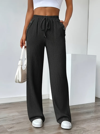 Damen Freizeithose mit weitem Bein und Knopfdetails – Stilvolle Loungehose für Alltag und Freizeit