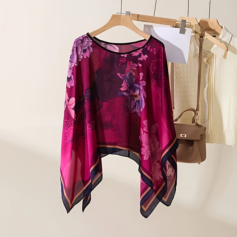 Damen Elegante Boho Tunika – Luftiges Strandponcho mit Blumenmuster, Ideal für Urlaub & Freizeit