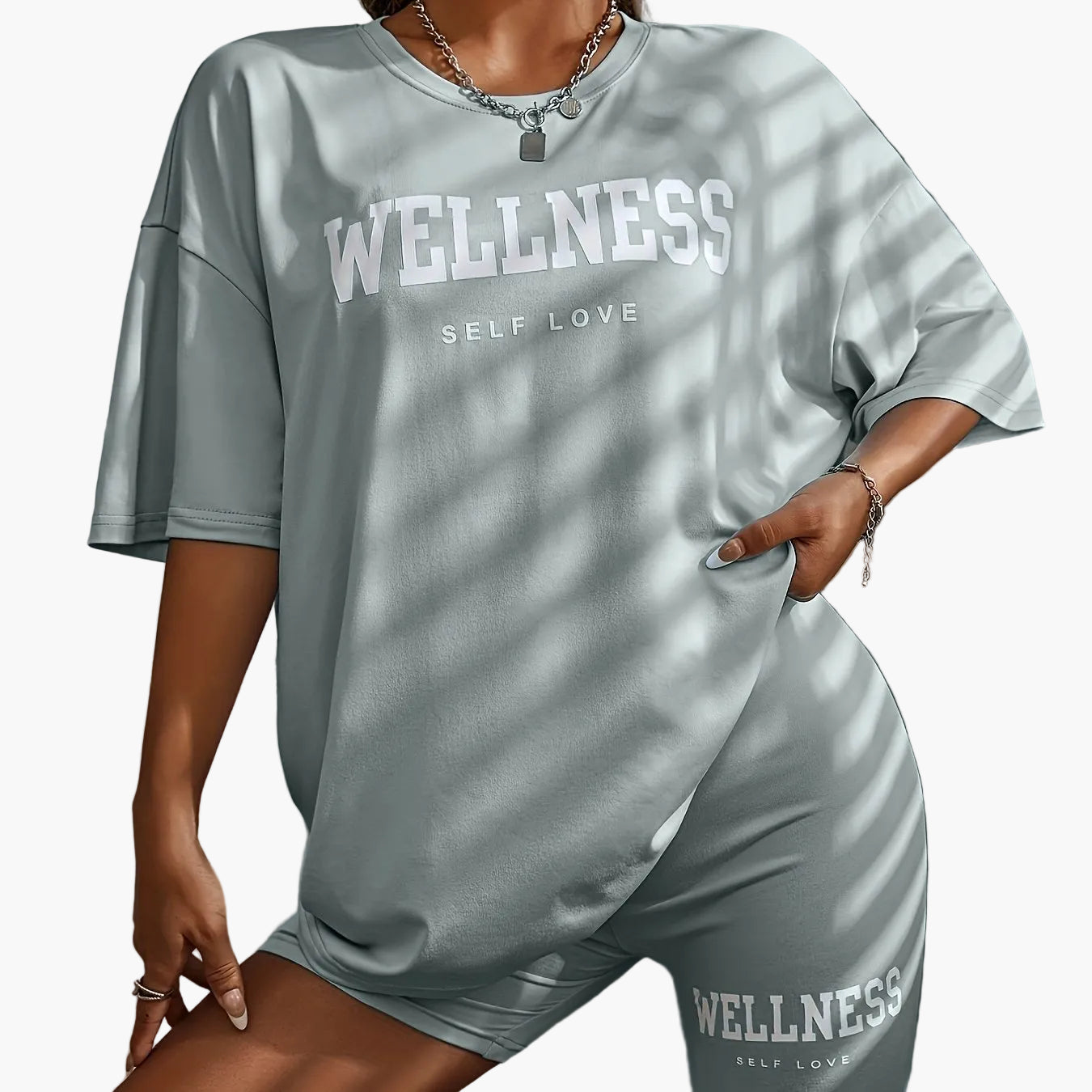 Damen Wellness Lounge Set Oversize T-Shirt & Radlerhose – Entspanntes Freizeit-Outfit mit Motivdruck