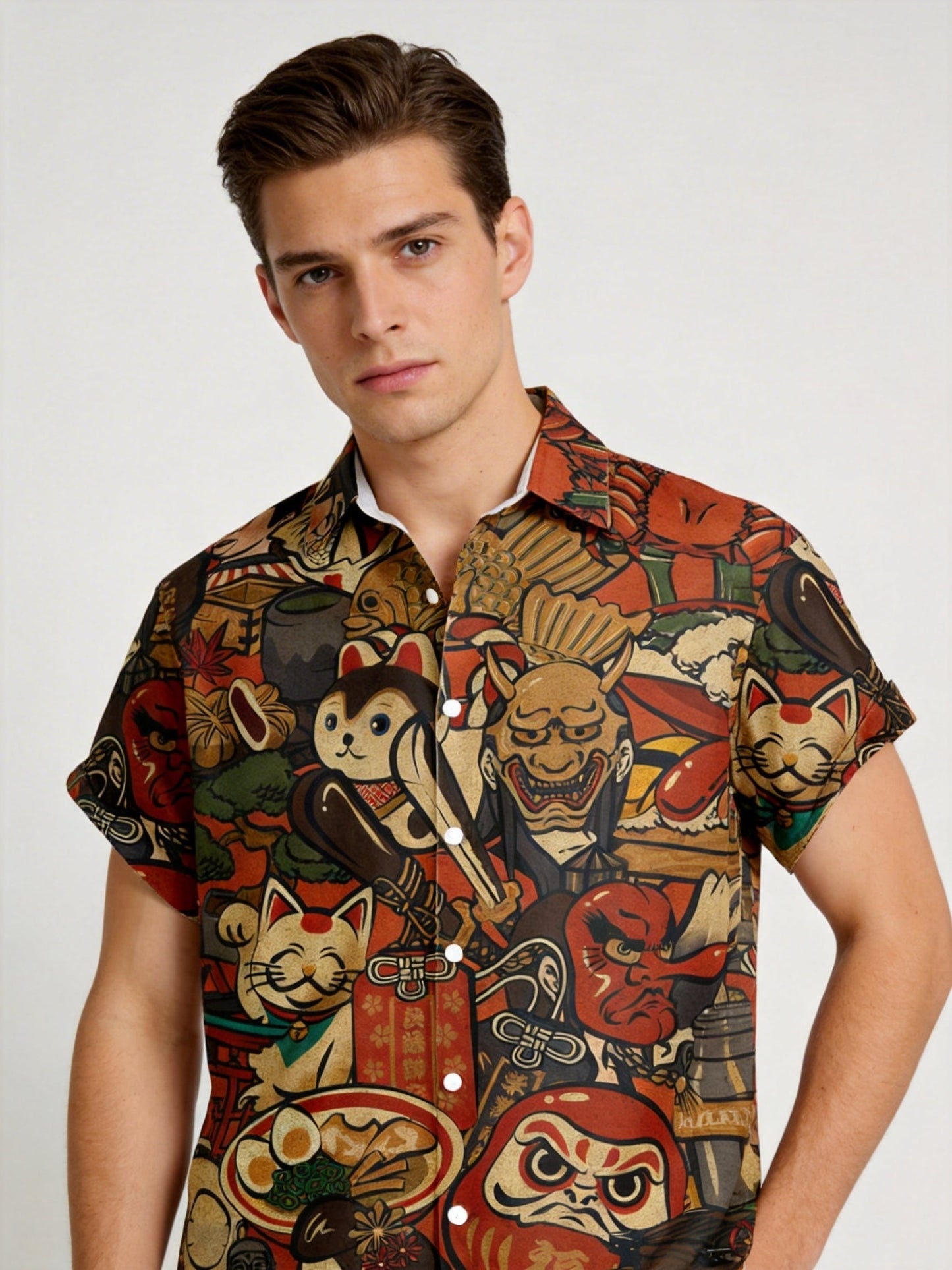 Herren Kurzarmhemd mit Japanischem Kunst- und Glückssymbol-Print – Casual Streetwear