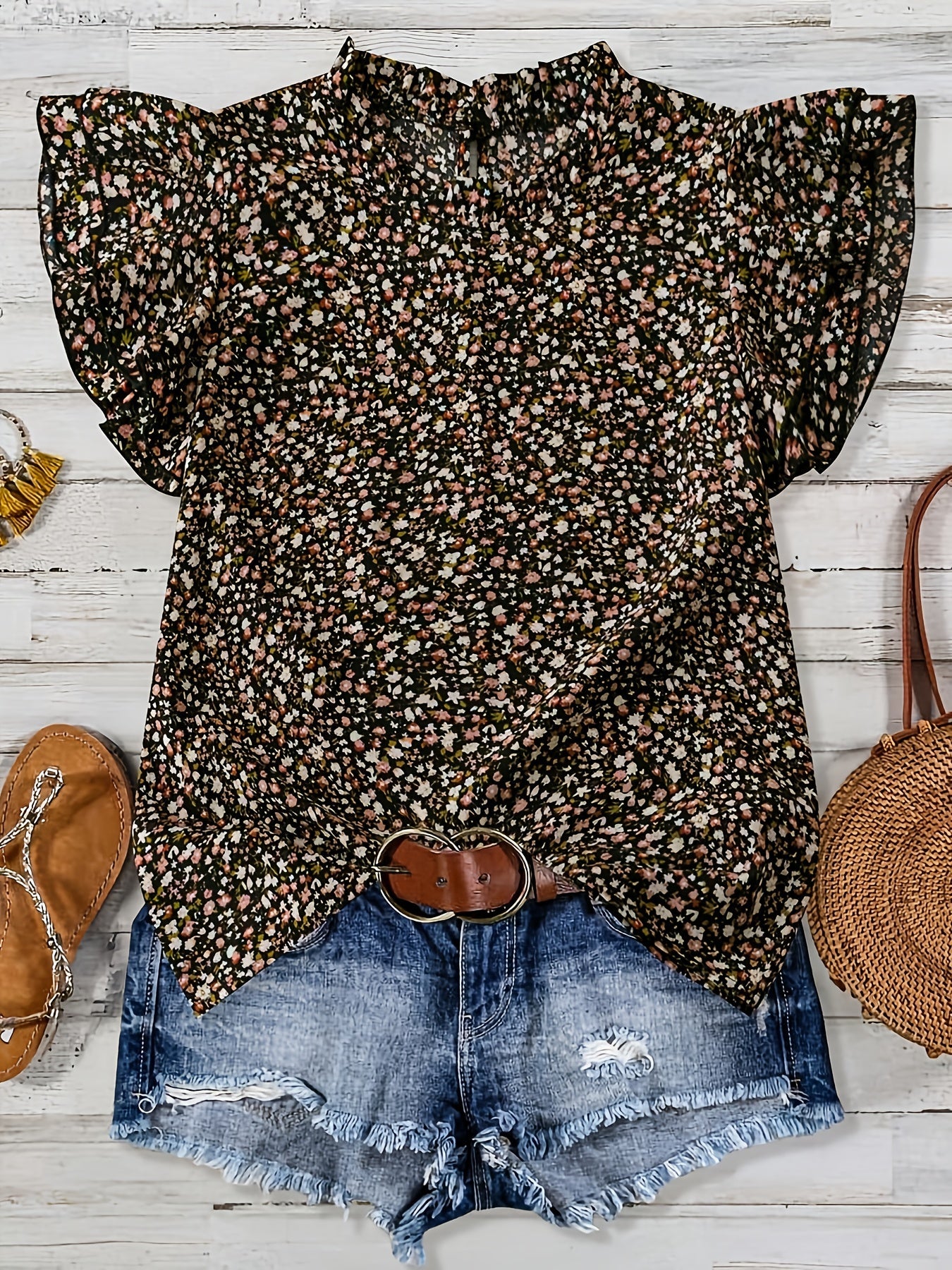 Damen Sommer Blusenshirt mit Rüschen und Blumendruck – Luftiges Freizeit Top