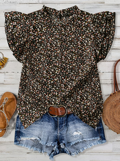 Damen Sommer Blusenshirt mit Rüschen und Blumendruck – Luftiges Freizeit Top