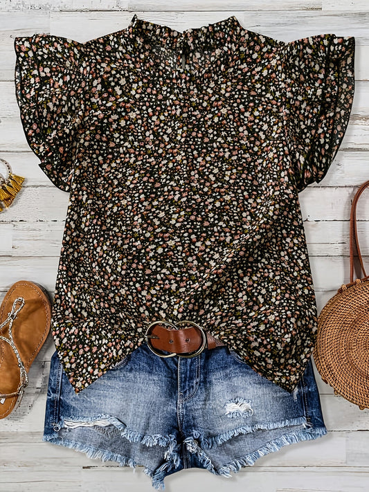 Damen Sommer Blusenshirt mit Rüschen und Blumendruck – Luftiges Freizeit Top
