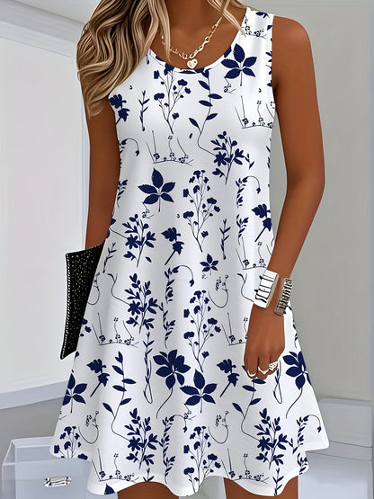 Damen Sommerkleid ärmellos mit floralem Print, elegantes Freizeitkleid für Alltag und Urlaub