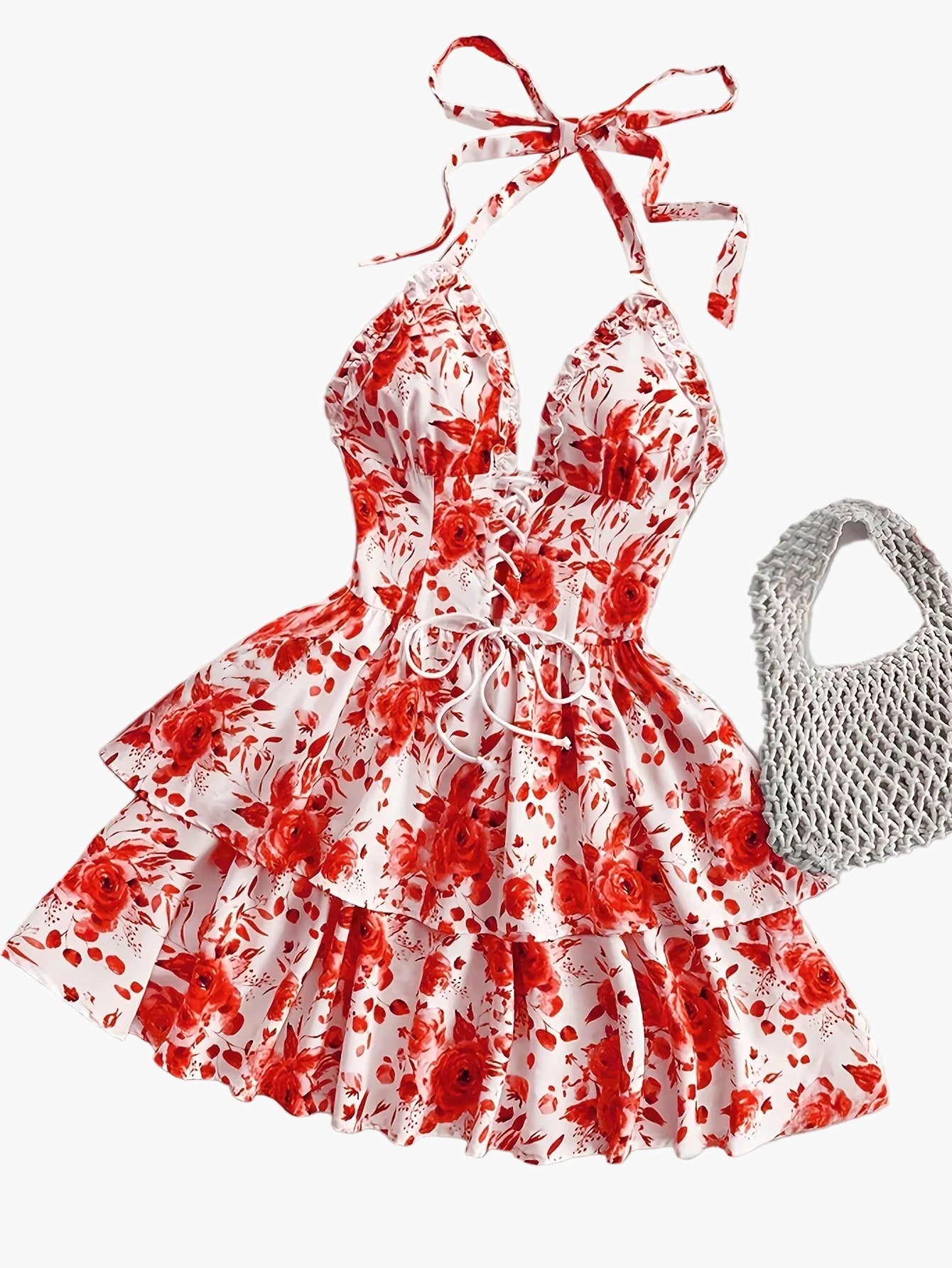 Damen Mini Kleid mit Rosenmuster und Volants – Elegantes Halterneck Sommerkleid für romantische Anlässe