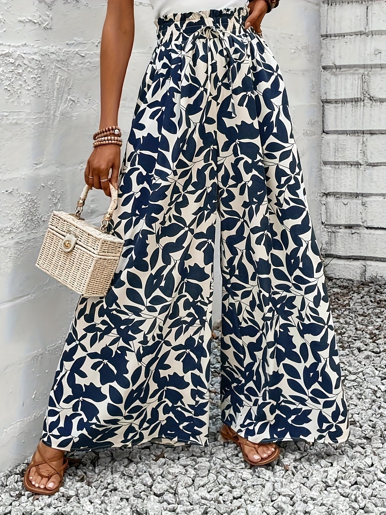 Damen Weitbeinige High-Waist Palazzo Hose mit Tropischem Blattmuster – Eleganter Boho-Stil für Alltag und Freizeit