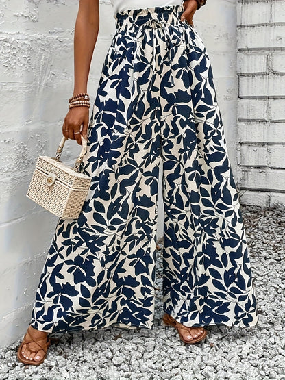 Damen Weitbeinige High-Waist Palazzo Hose mit Tropischem Blattmuster – Eleganter Boho-Stil für Alltag und Freizeit