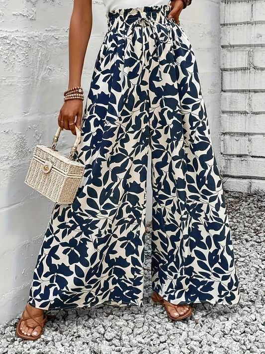 Damen Weitbeinige High-Waist Palazzo Hose mit Tropischem Blattmuster – Eleganter Boho-Stil für Alltag und Freizeit
