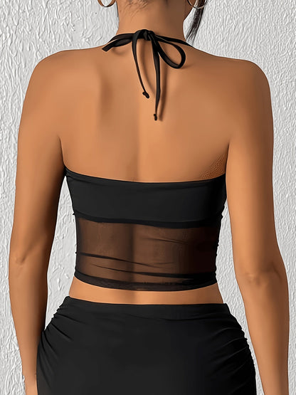 Damen Halterneck Party Top mit Transparentem Mesh-Einsatz – Elegantes Clubwear für Ausgeh-Looks