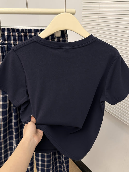 Damen Pyjama-Set mit Kurzarmshirt und Karohose für gemütliche Nächte
