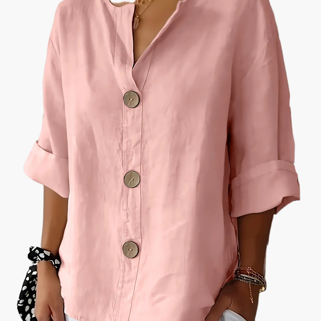 Damen Leinenbluse mit Knopfleiste und 3/4 Ärmeln – Eleganter Freizeit-Look für Alltag und Büro